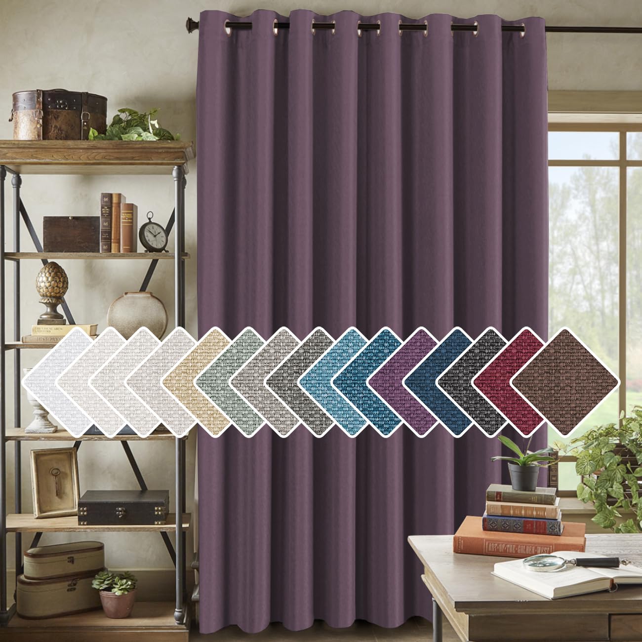 H.VERSAILTEX Room Darkening Linen Curtain for Bedroom/Living Room Extra Wide Blackout Curtains 100 x 84 Inches for Patio Glass Door, Primitive Textured Thick Linen Burlap Look Fabric, Heather Mauve